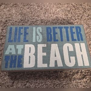 Blue and White Beach Sign